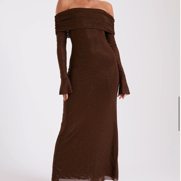 Marcel Off Shoulder Diamante Maxi Dress - Chocolate (Meshki) - Picture 3 of 8